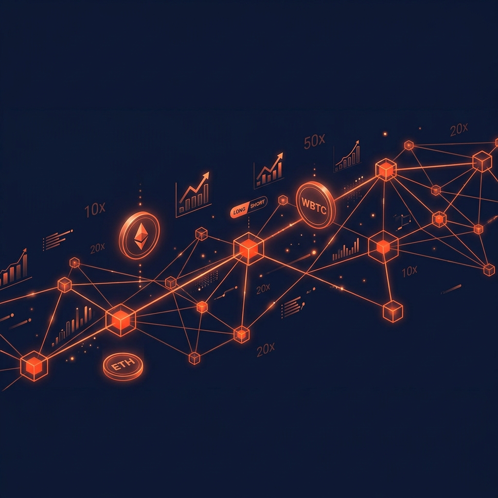 Interconnected blockchain nodes forming a glowing orange network with floating crypto token symbols