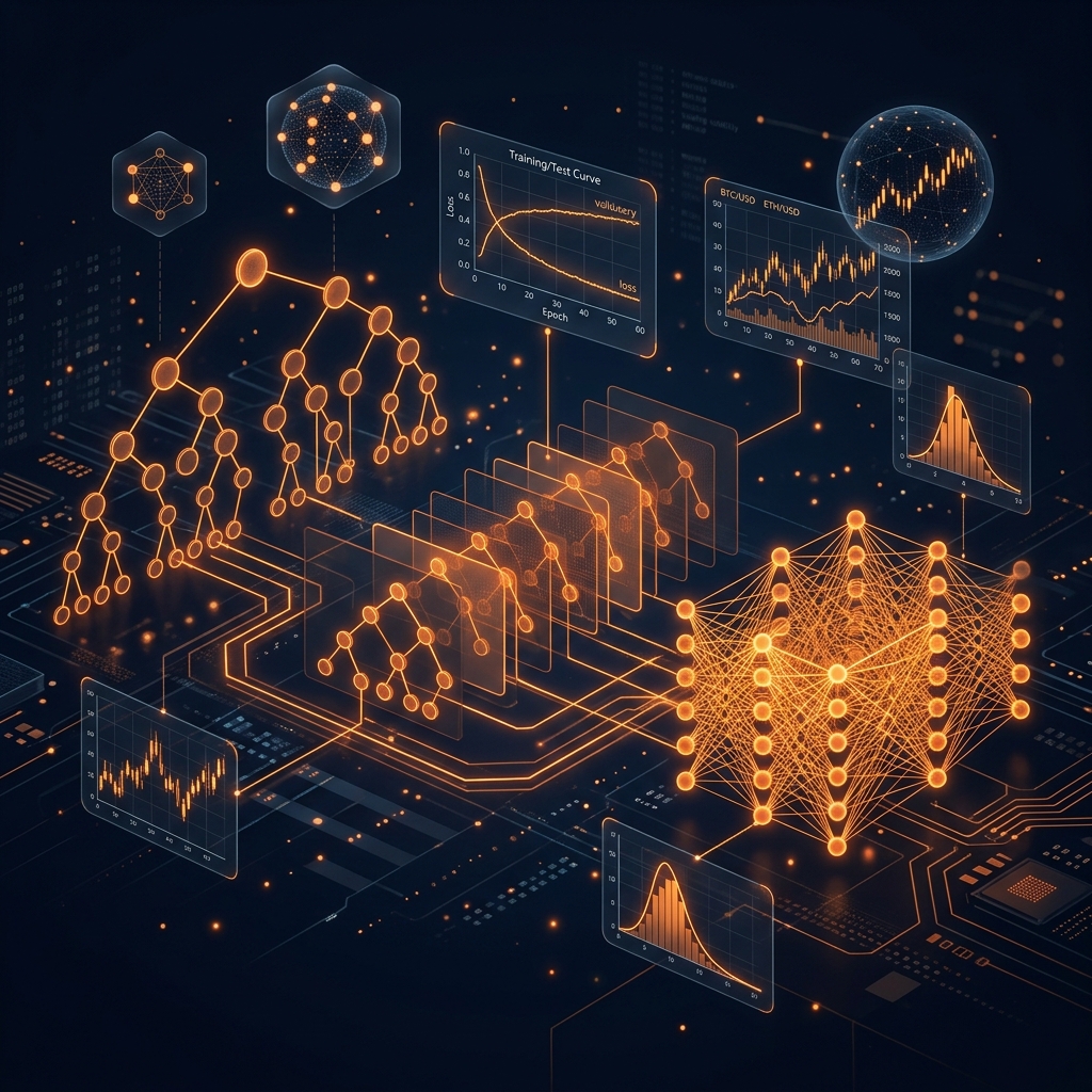 Decision trees, gradient boosting layers and neural networks glowing orange on a dark fintech background