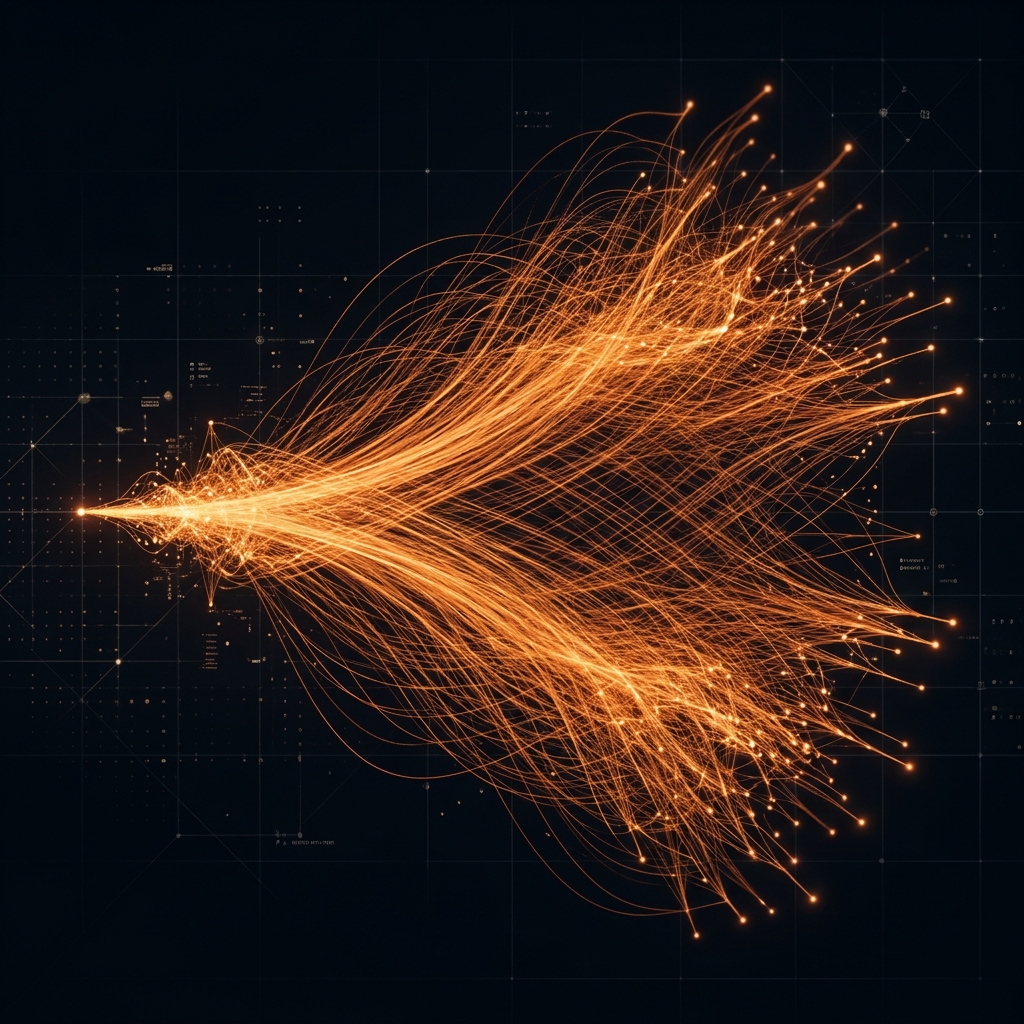 Thousands of glowing orange probability path simulations fanning out from a single origin point like a financial scenario fan chart