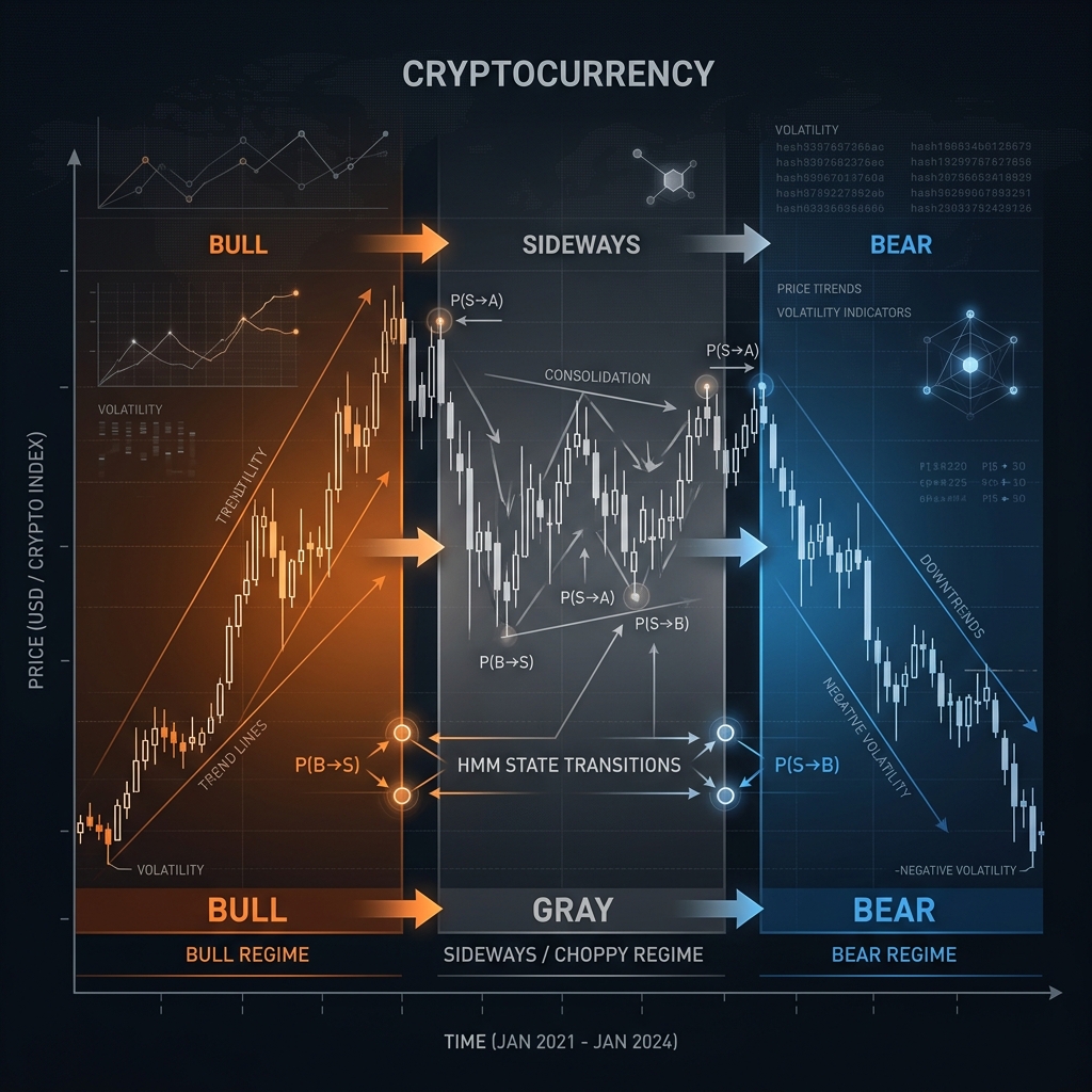 Market regime transitions showing bull, sideways and bear zones with HMM state transition arrows on a dark fintech chart