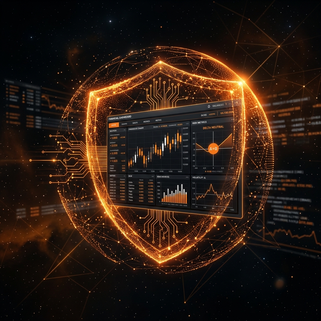Digital protective shield made of glowing orange data particles surrounding a financial risk management dashboard